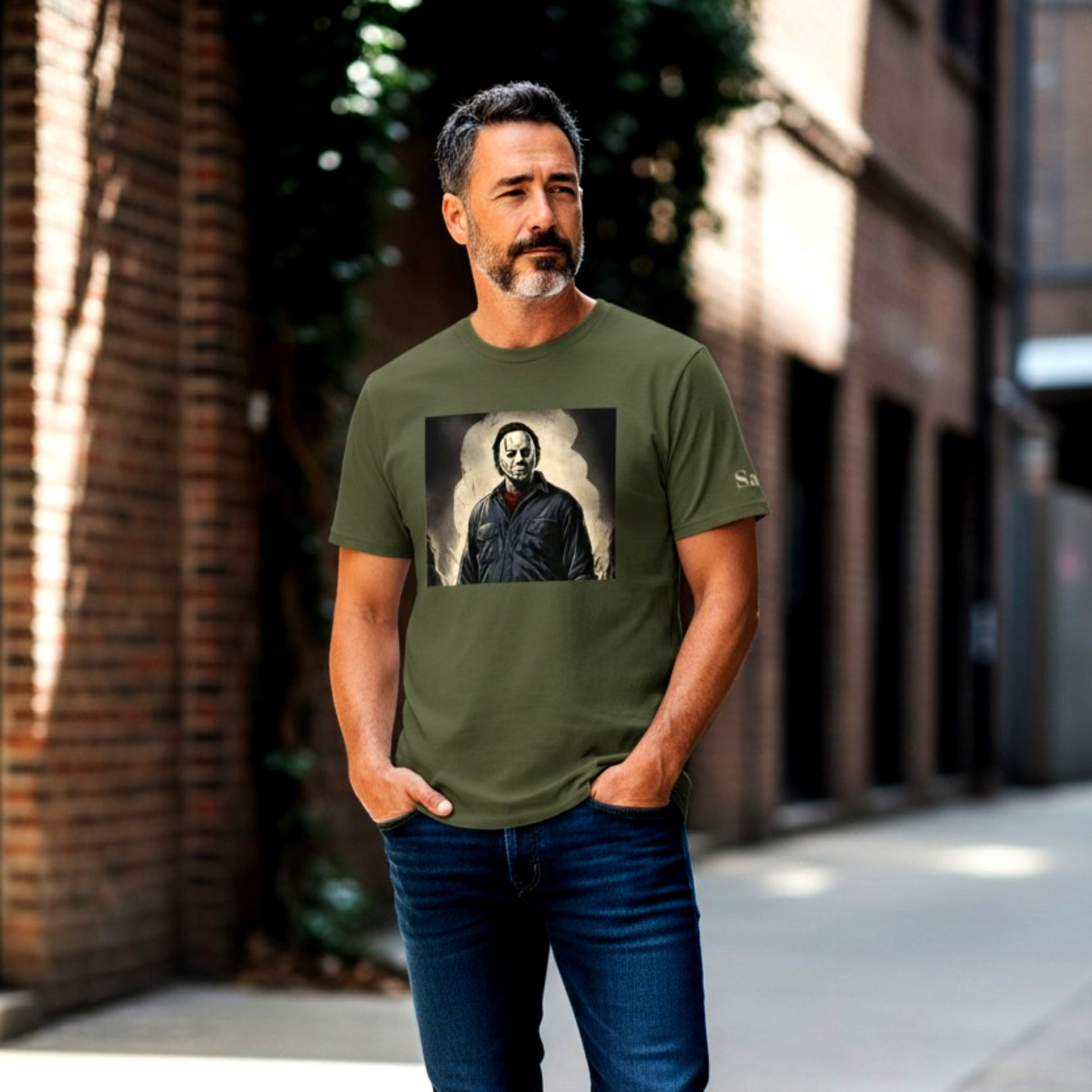 Person wearing a custom Michael Myers Halloween costume t-shirt from The Fright Factory New Orleans.