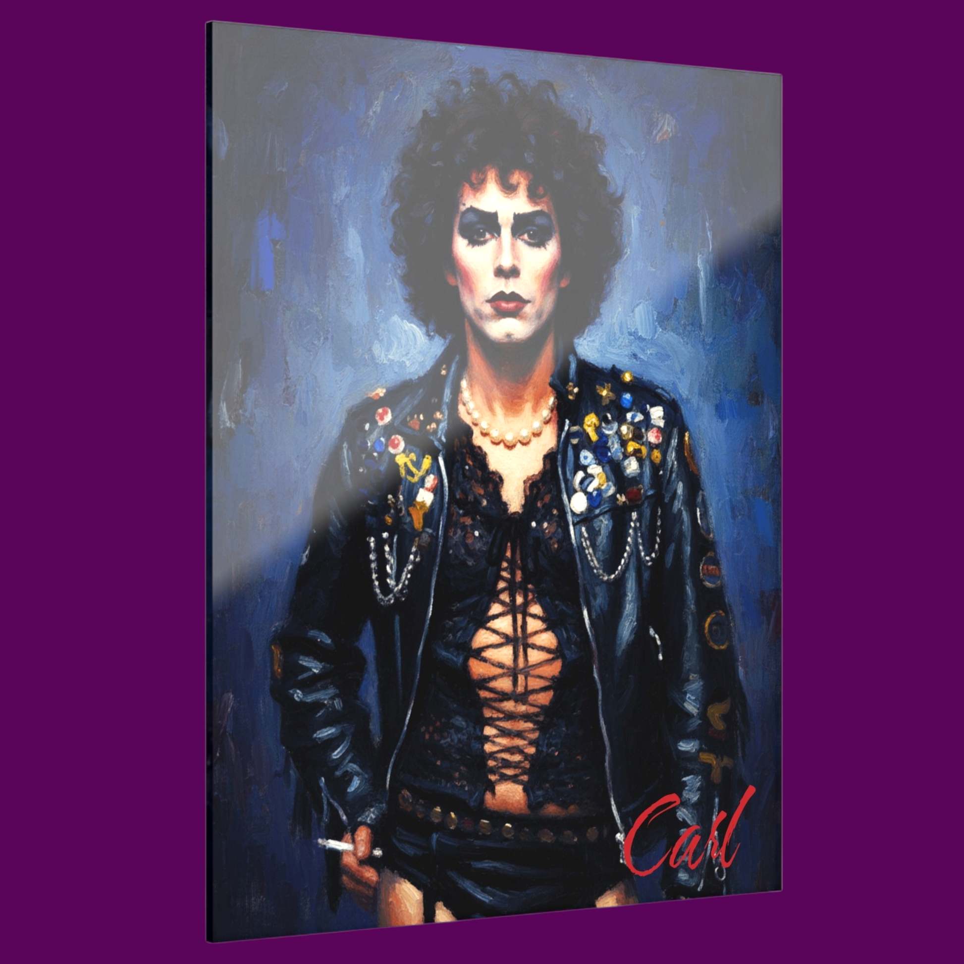 High-gloss acrylic wall art featuring a vibrant portrait of Tim Curry as Dr. Frank-N-Furter from The Rocky Horror Picture Show. The art highlights his signature bold makeup, dark curly hair, and a defiant expression, set against a dramatic, saturated background. Only sold in The Fright Factory New Orleans.