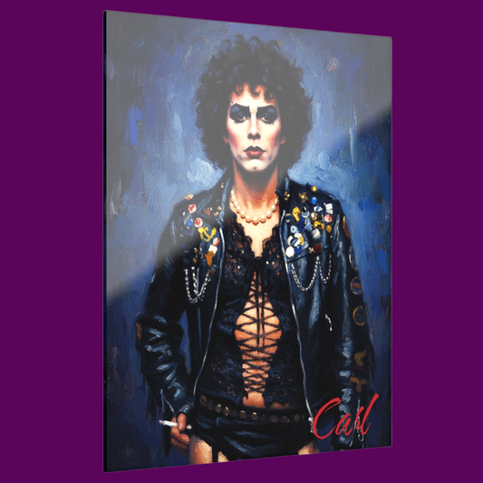 High-gloss acrylic wall art featuring a vibrant portrait of Tim Curry as Dr. Frank-N-Furter from The Rocky Horror Picture Show. The art highlights his signature bold makeup, dark curly hair, and a defiant expression, set against a dramatic, saturated background. Only sold in The Fright Factory New Orleans.