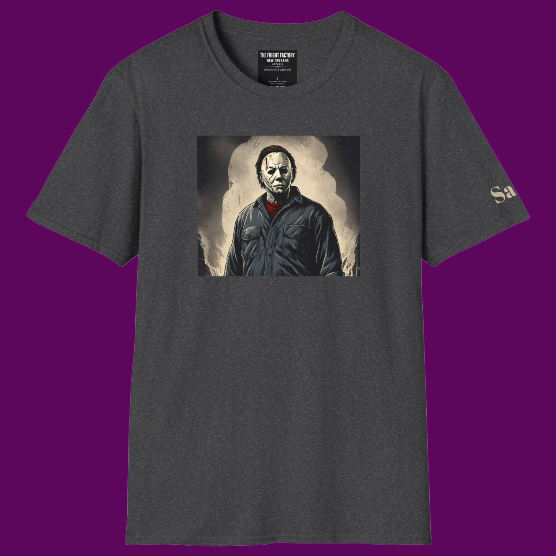 Detailed view of personalized Michael Myers artwork horror movie tee in high-quality cotton from The Fright Factory New Orleans.