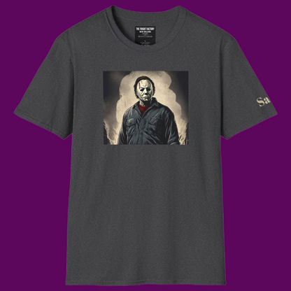 Detailed view of personalized Michael Myers artwork horror movie tee in high-quality cotton from The Fright Factory New Orleans.