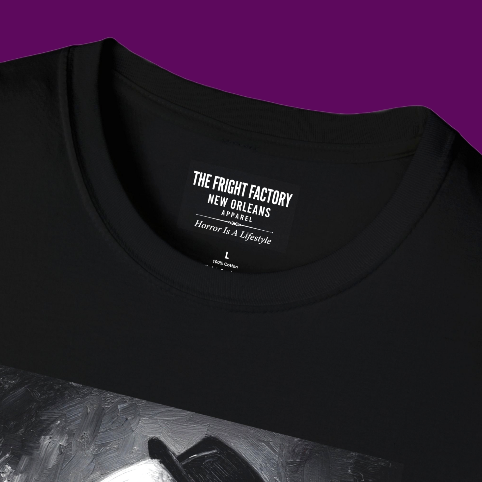 High-detail Art the Clown graphic print from Terrifier movie on a black cotton shirt.