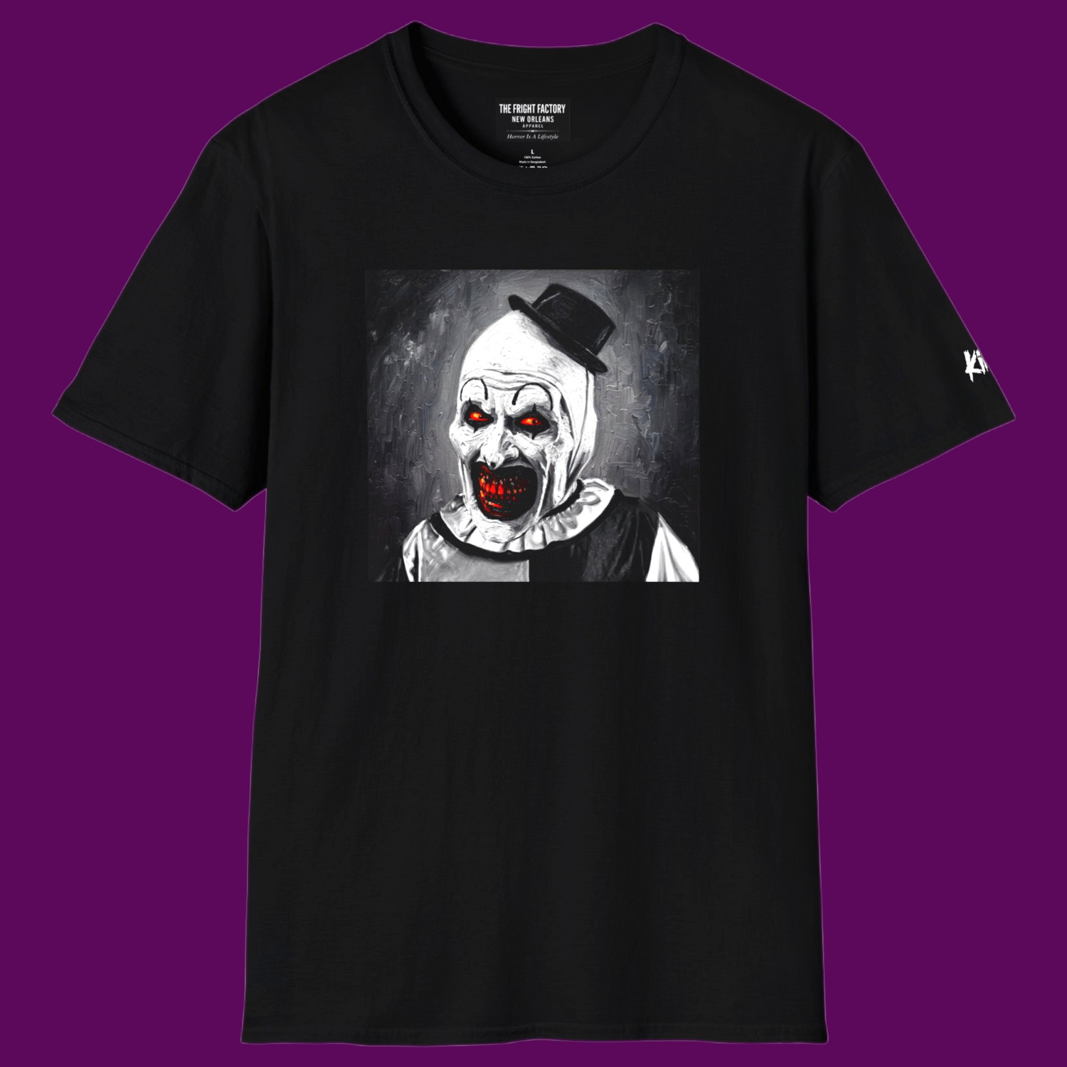 Art the Clown Terrifier shirt in black with personalized name detail - The Fright Factory New Orleans