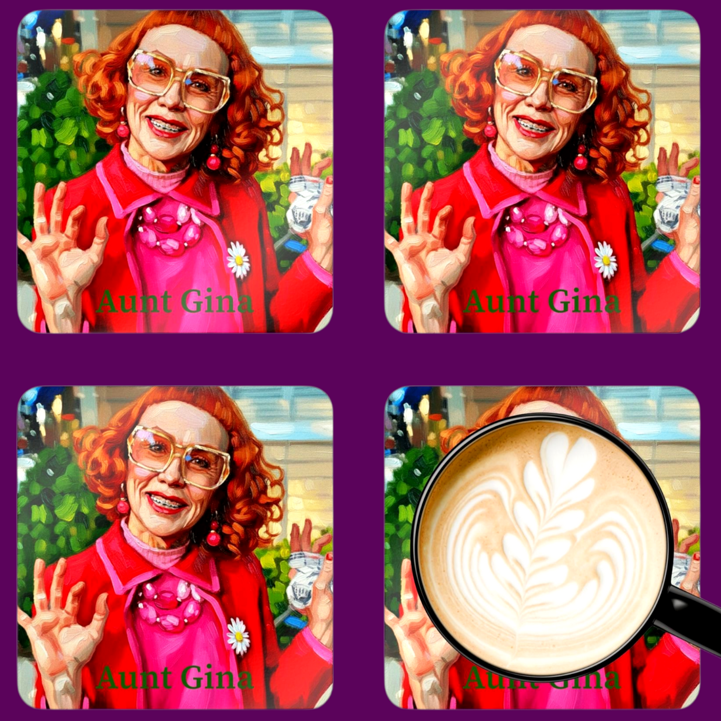 Aunt Gladys from Weapons personalized four piece coaster set custom designed in The Fright Factory New Orleans.