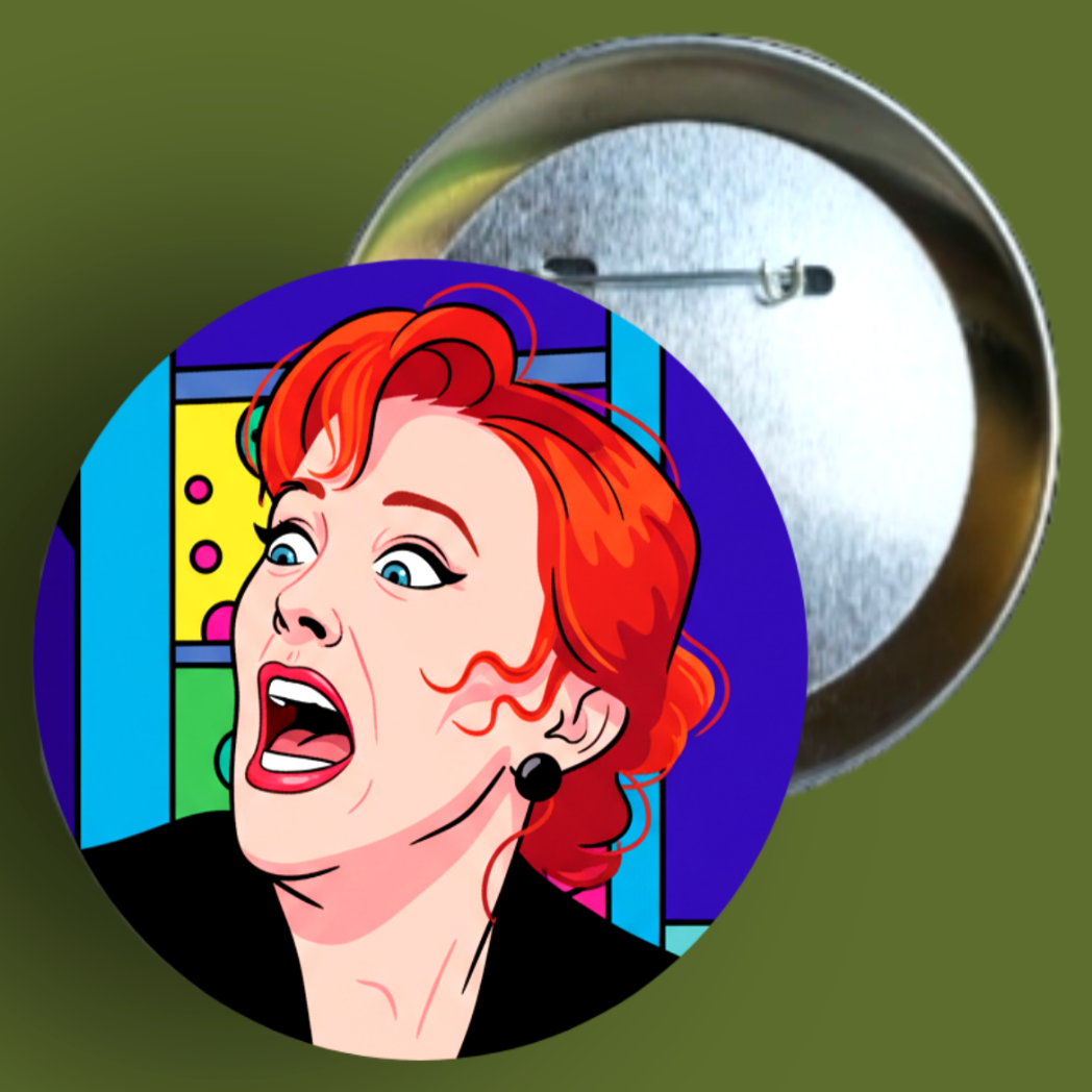 Handmade 1.5-inch round Delia Deetz pin featuring high-contrast neon green and purple colors from The Fright Factory, NOLA.