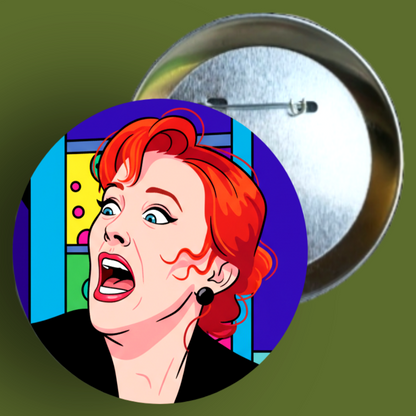 Handmade 1.5-inch round Delia Deetz pin featuring high-contrast neon green and purple colors from The Fright Factory, NOLA.