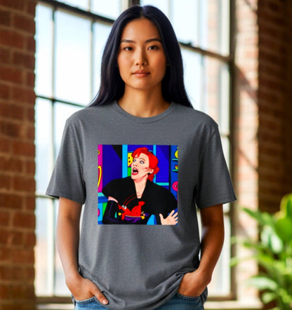 A person wearing the Delia Deetz Pop Art T-shirt tucked into high-waisted jeans, showcasing the classic unisex fit and artistic Beetlejuice-inspired graphic.