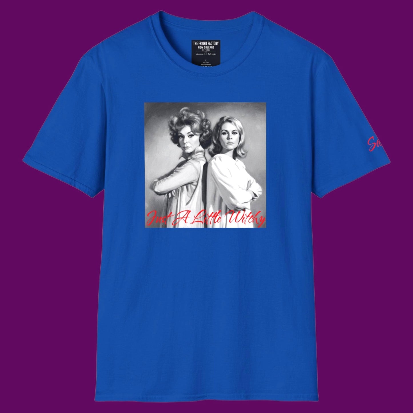 Personalized blue graphic t-shirt featuring Endora and Samantha from Bewitched by The Fright Factory New Orleans.