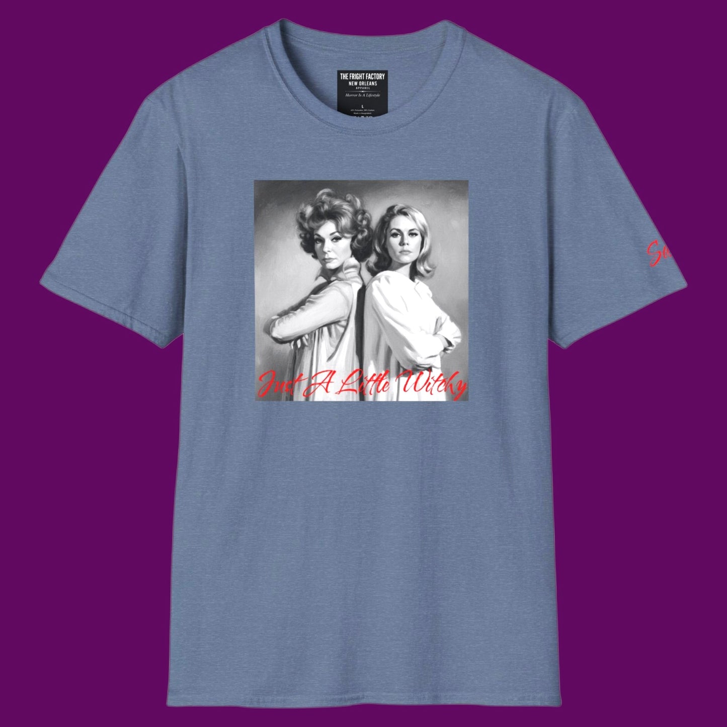 Personalized light blue graphic t-shirt featuring Endora and Samantha from Bewitched by The Fright Factory New Orleans.