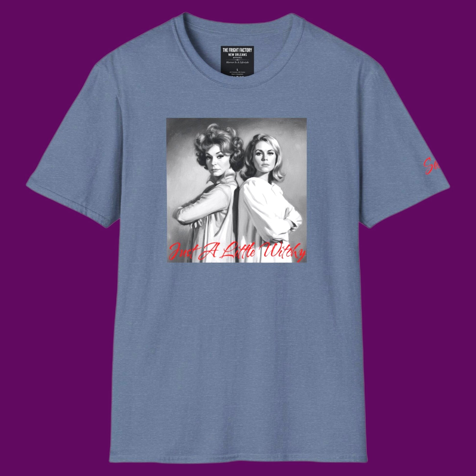 Personalized light blue graphic t-shirt featuring Endora and Samantha from Bewitched by The Fright Factory New Orleans.