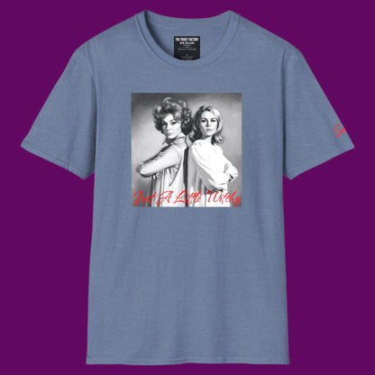 Personalized light blue graphic t-shirt featuring Endora and Samantha from Bewitched by The Fright Factory New Orleans.