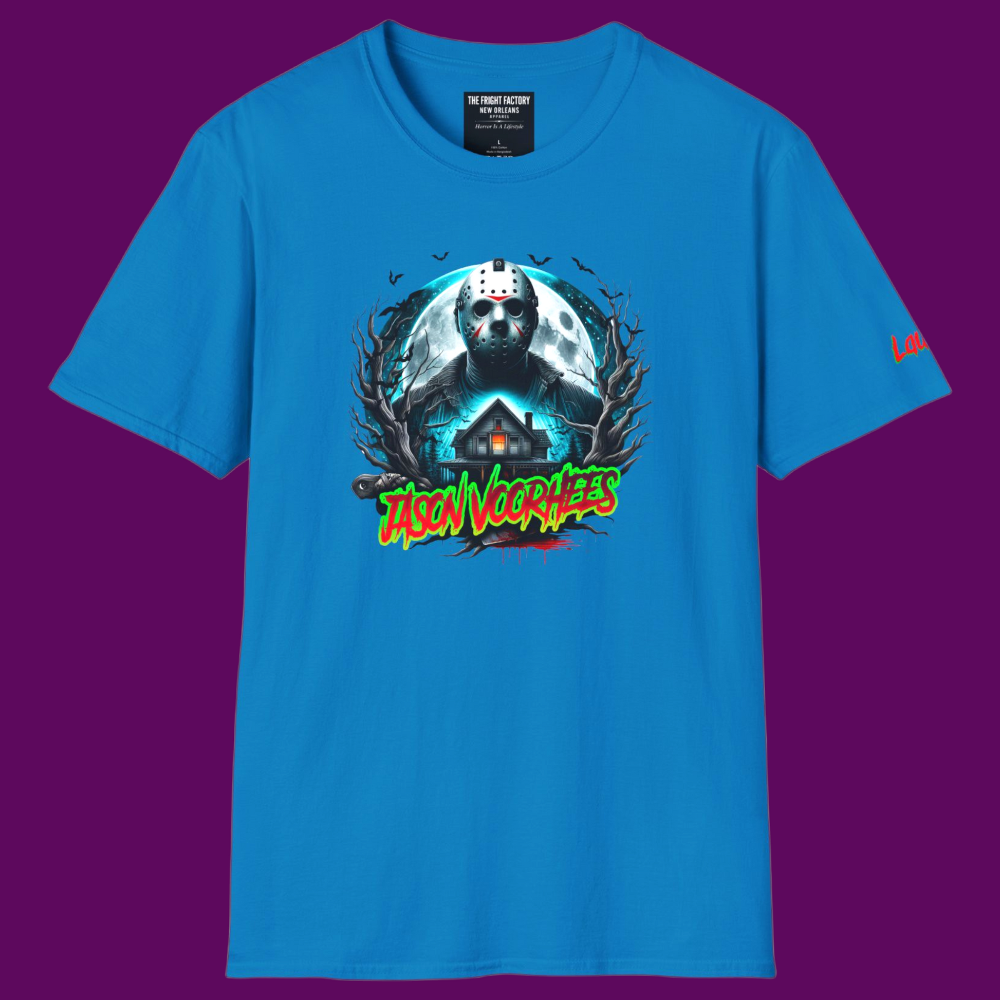 Custom Jason Voorhees hockey mask graphic t-shirt in a bold pop art style, printed on a 100% cotton unisex tee by The Fright Factory New Orleans.