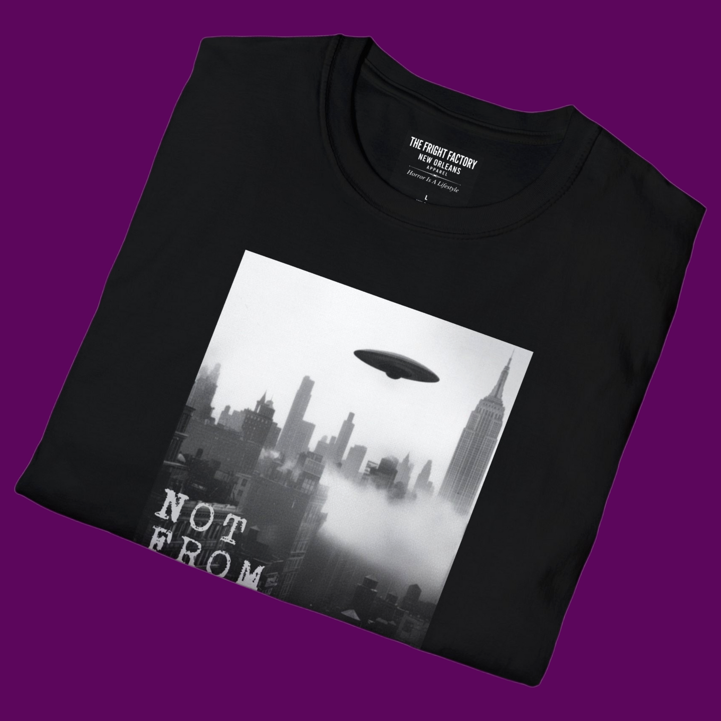 Black graphic t-shirt featuring a vintage black and white UFO sighting over a foggy New York City skyline. For ale in The Fright Factory New Orleans.