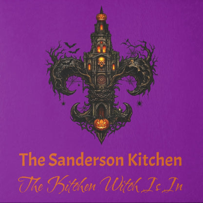 Close-up of a custom tempered glass cutting board with a vibrant purple background featuring an intricate gothic fleur-de-lis shaped like a haunted cathedral tower with glowing jack-o'-lanterns, skulls, and bats. Custom kitchen witch decor by The Fright Factory, New Orleans gift shop.