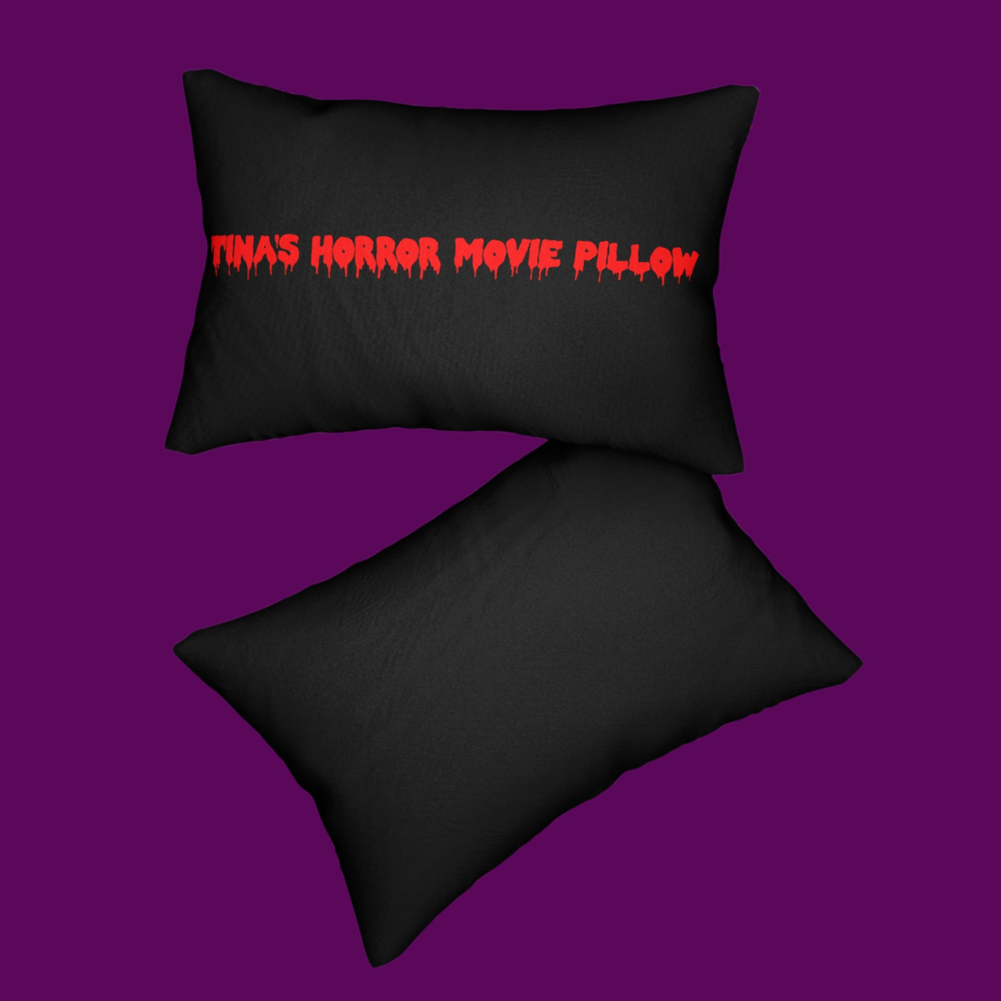 Customizable horror movie themed pillow for a home theater or bedroom. Personalized with custom text and hand-drawn horror icon art by Fright Factory NOLA.