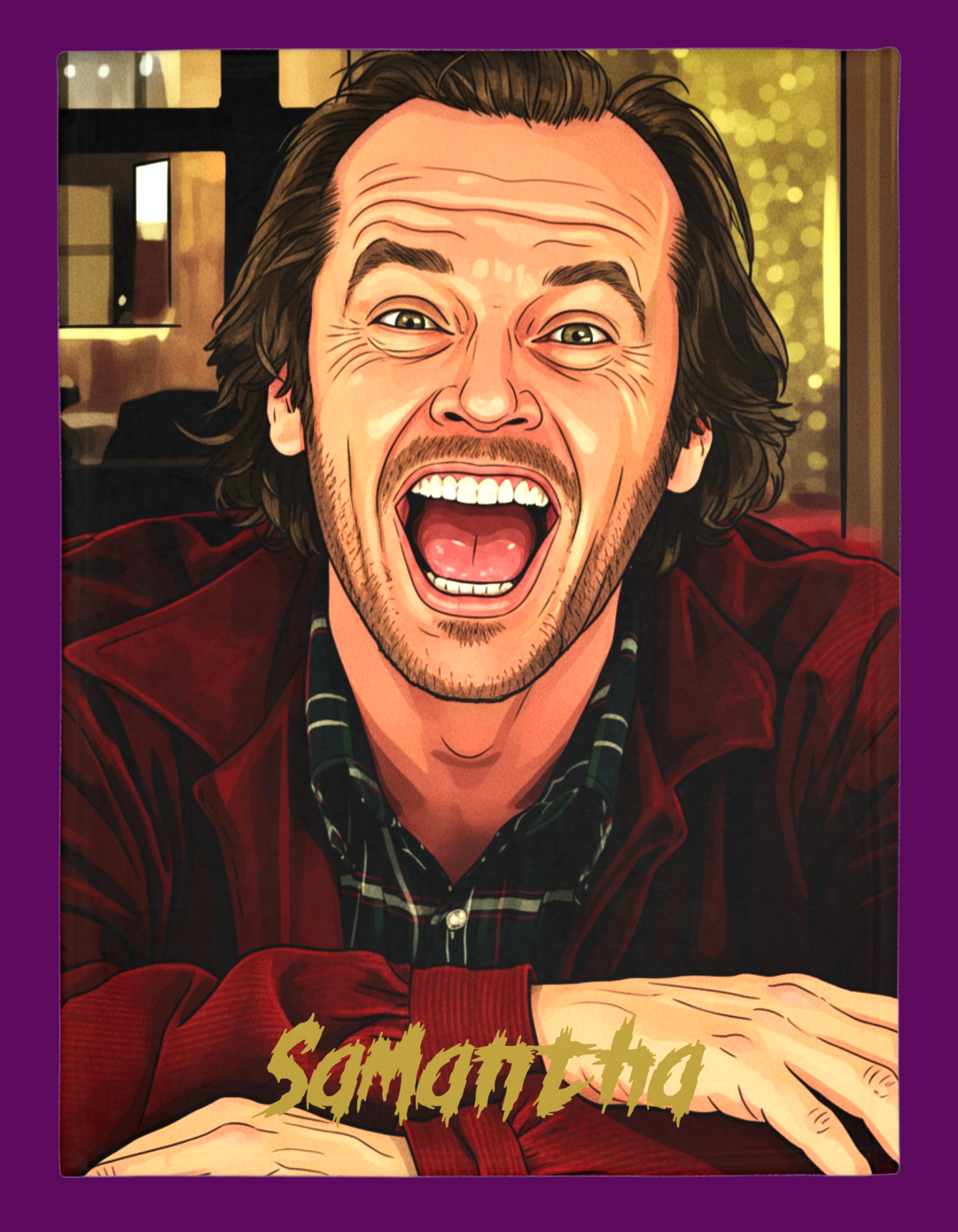 A high-quality tapestry throw blanket featuring a detailed portrait of Jack Torrance from The Shining. The image is created Jack Nicholson’s iconic intense expression against a backdrop inspired by the Overlook Hotel. Only sold in The Fright Factory New Orleans.