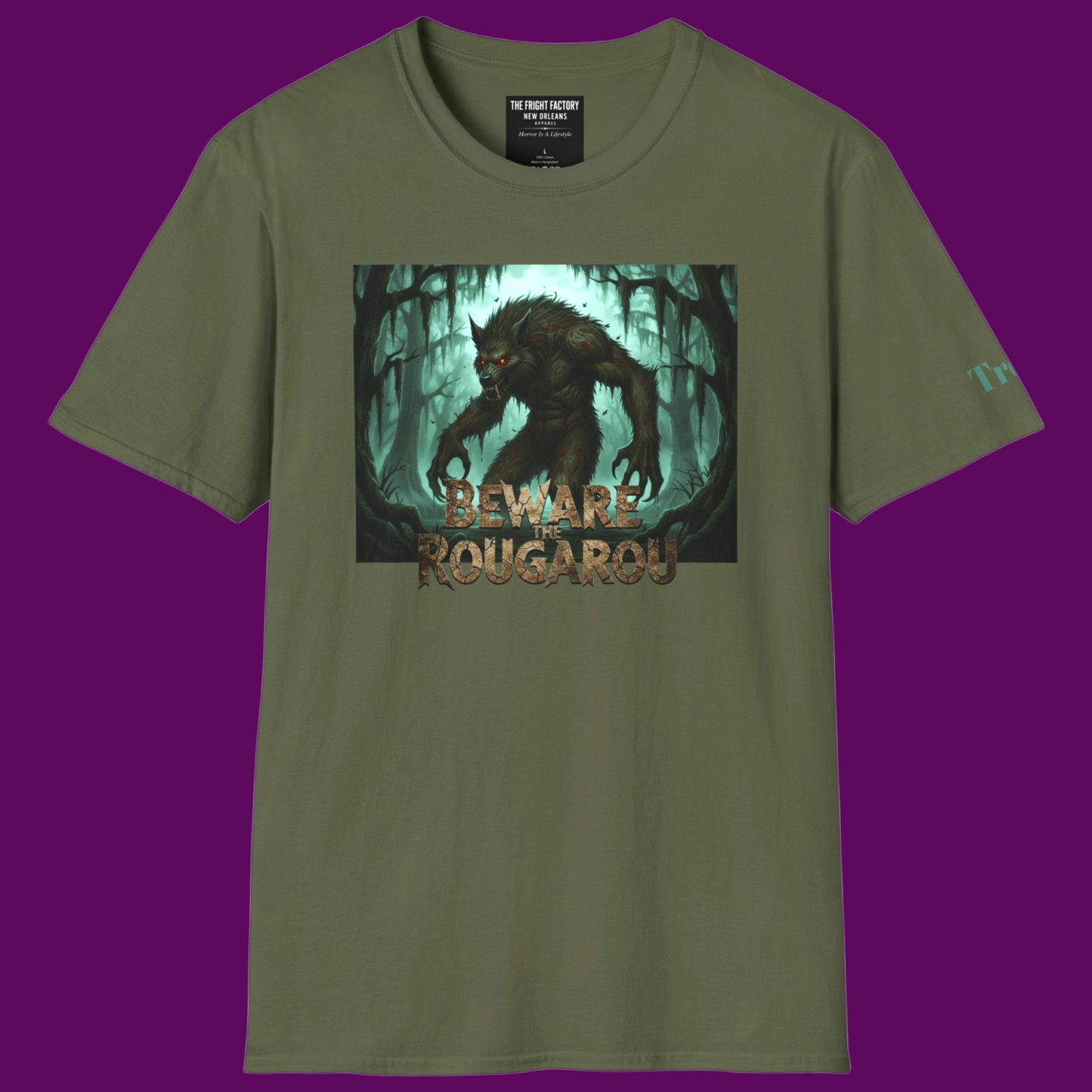 Personalized Rougarou swamp werewolf army green t-shirt with distressed "Beware" text and custom name field, designed by The Fright Factory New Orleans.