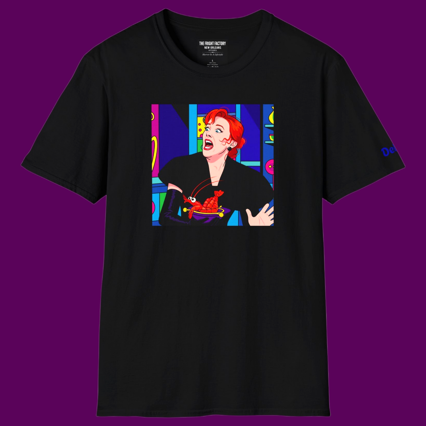 Close-up of the high-quality pop art print of Delia Deetz, showing the sharp lines and vivid ink colors on the black cotton fabric of the T-shirt from The Fright Factory NOLA.