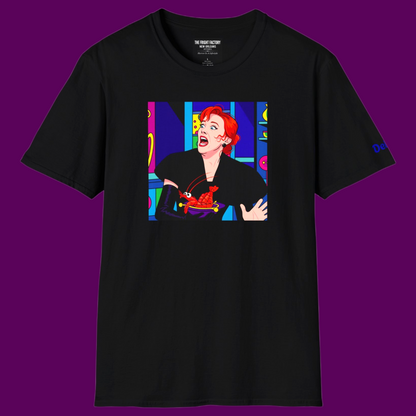 Close-up of the high-quality pop art print of Delia Deetz, showing the sharp lines and vivid ink colors on the black cotton fabric of the T-shirt from The Fright Factory NOLA.