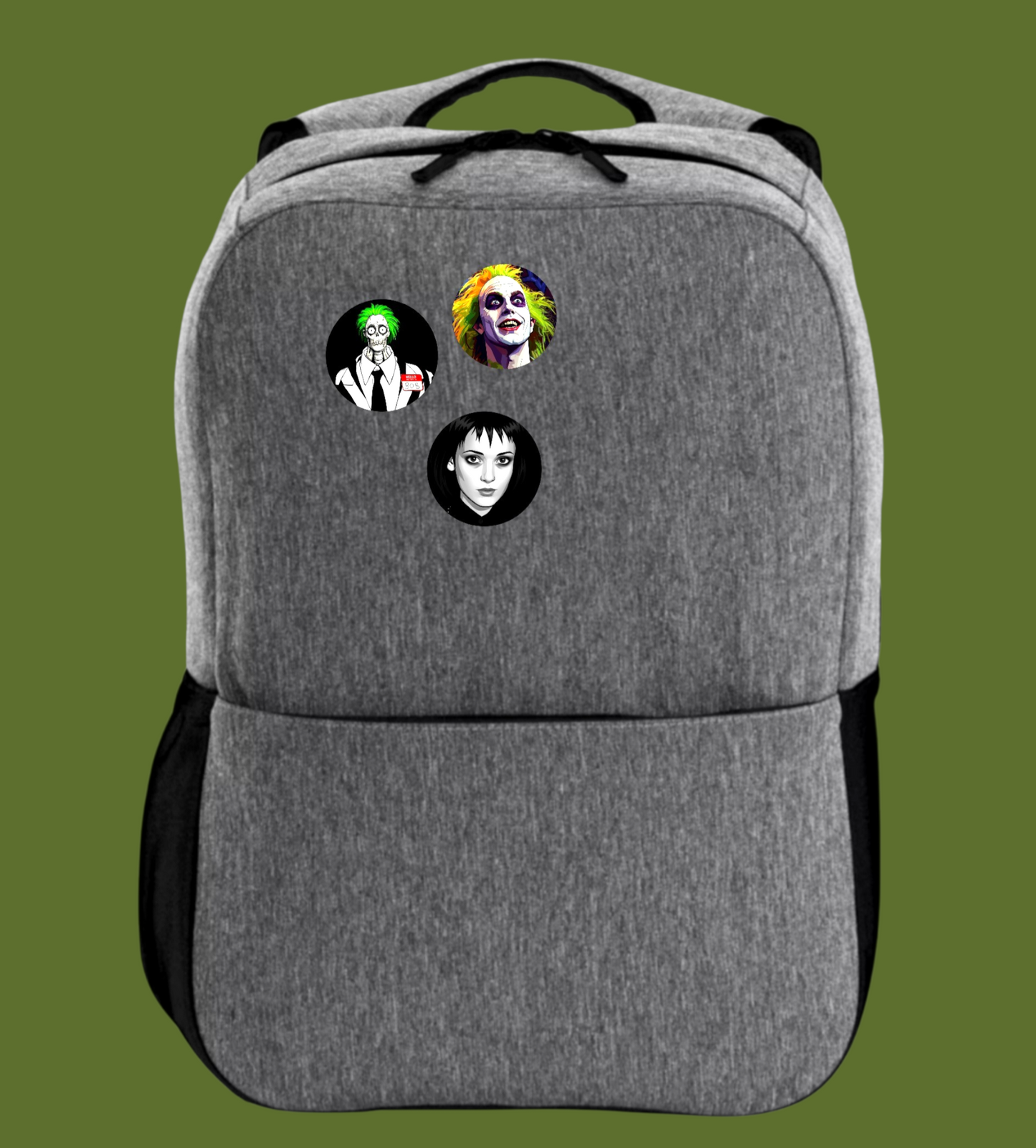 Handmade 1.5-inch round Beetlejuice movie pins featuring high-contrast colors from The Fright Factory, NOLA.