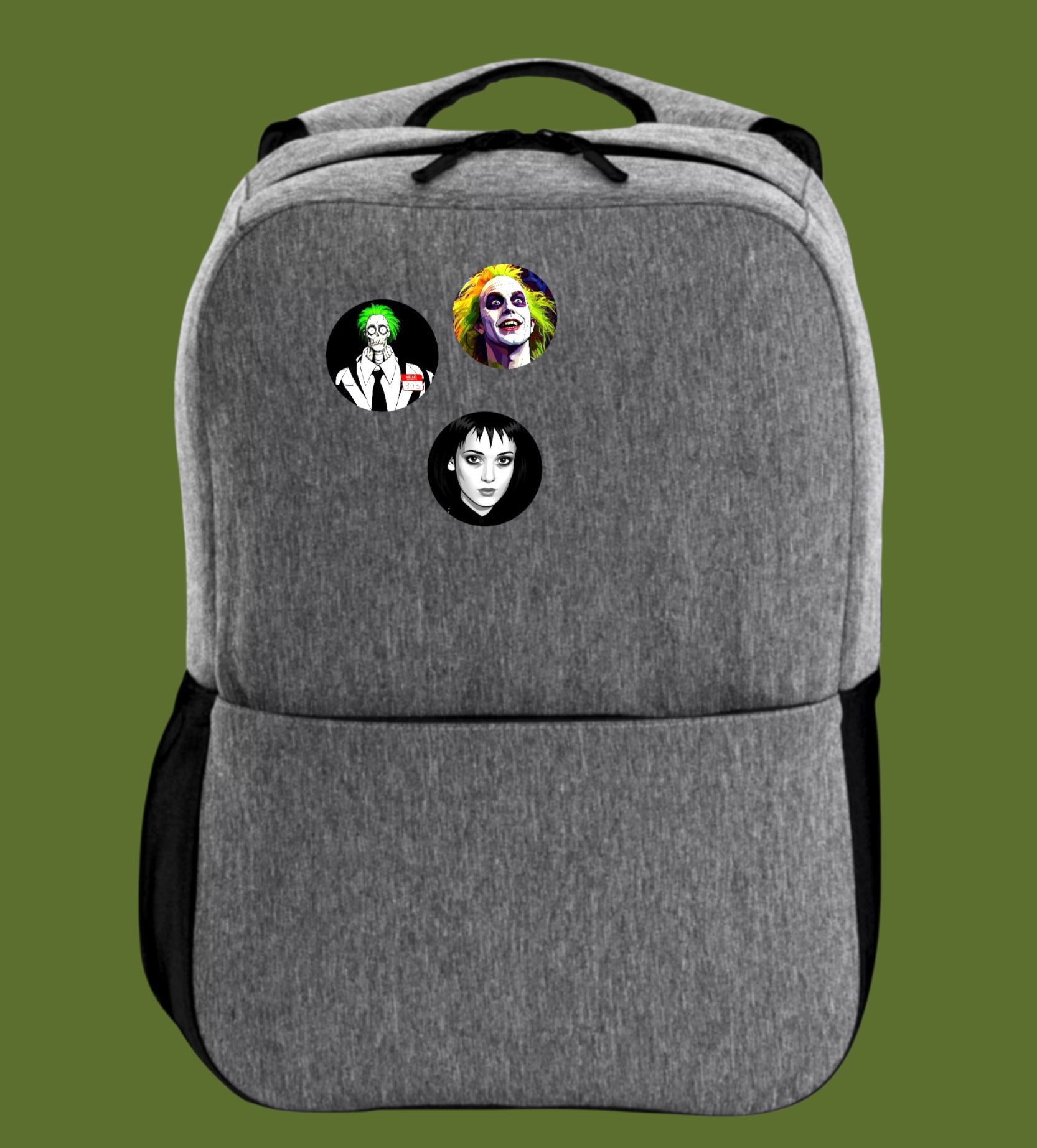 Handmade 1.5-inch round Beetlejuice movie pins featuring high-contrast colors from The Fright Factory, NOLA.