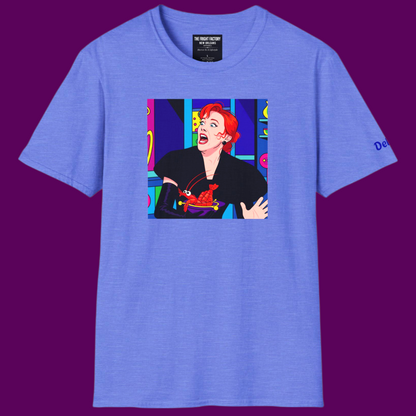 Close-up of the high-quality pop art print of Delia Deetz, showing the sharp lines and vivid ink colors on the black cotton fabric of the T-shirt from The Fright Factory NOLA.