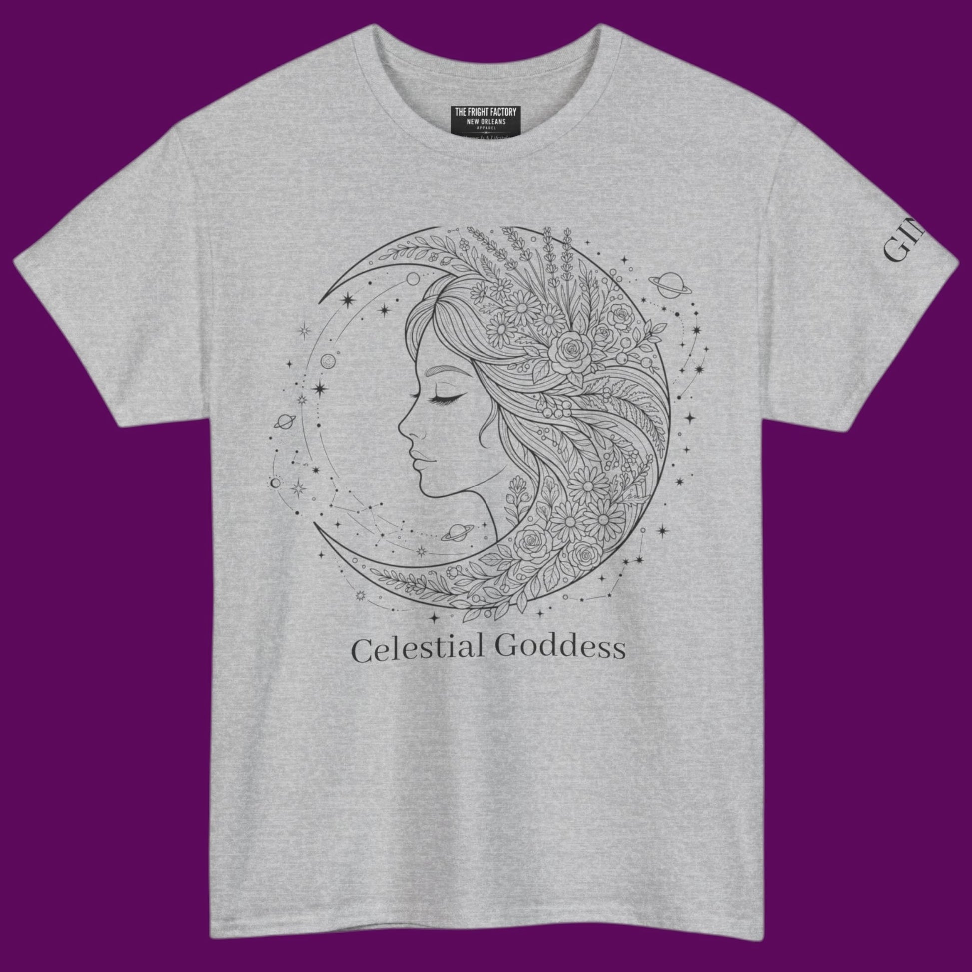 Personalized Celestial Goddess crescent moon graphic line art printed on a heather gray t-shirt from The Fright Factory New Orleans gift shop.