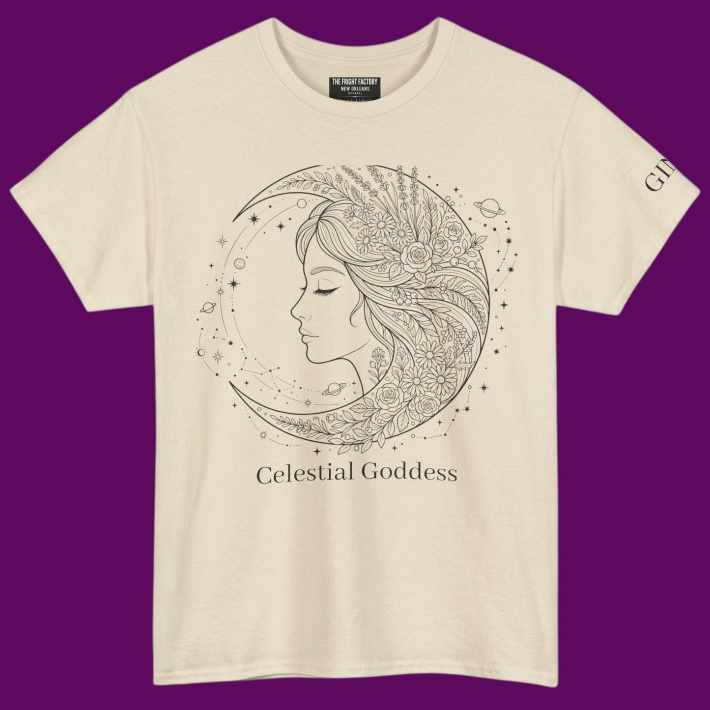 Personalized Celestial Goddess crescent moon graphic line art printed on a sand color t-shirt from The Fright Factory New Orleans gift shop.