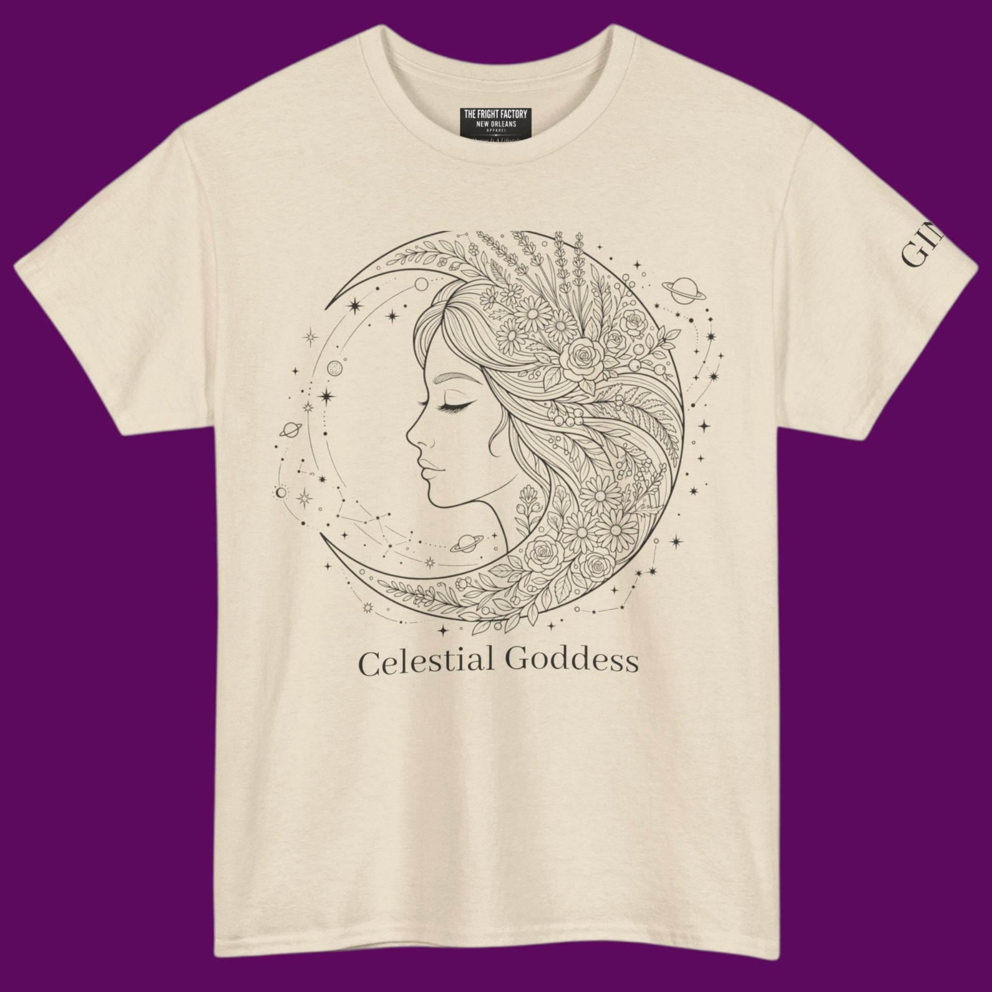 Personalized Celestial Goddess crescent moon graphic line art printed on a sand color t-shirt from The Fright Factory New Orleans gift shop.