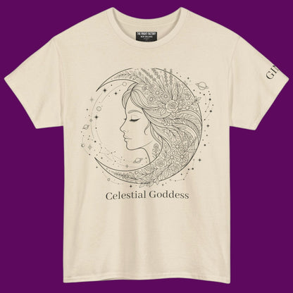 Personalized Celestial Goddess crescent moon graphic line art printed on a sand color t-shirt from The Fright Factory New Orleans gift shop.