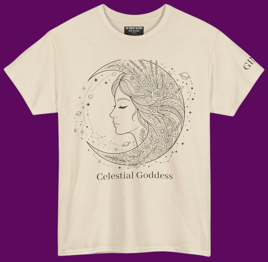 Personalized Celestial Goddess crescent moon graphic line art printed on a sand color t-shirt from The Fright Factory New Orleans gift shop.