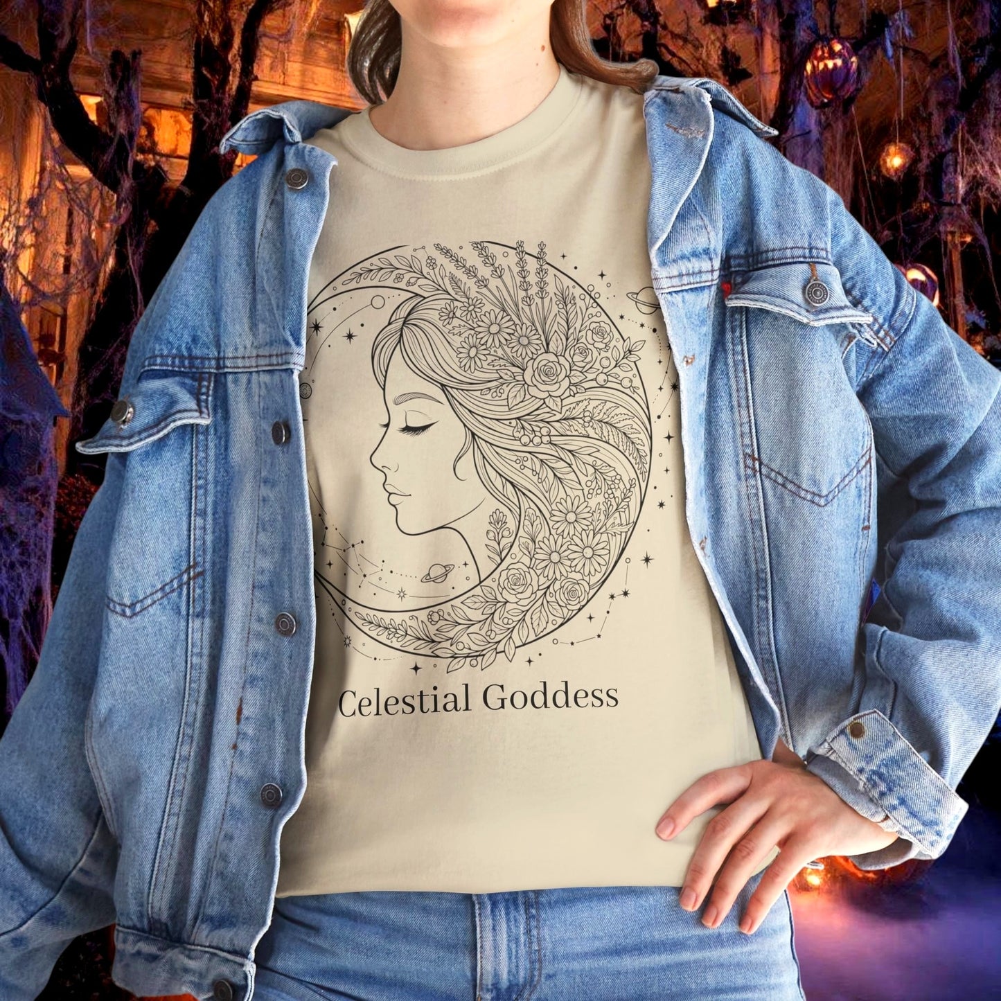 Personalized Celestial Goddess crescent moon graphic line art printed on a sand color t-shirt from The Fright Factory New Orleans gift shop.