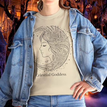 Personalized Celestial Goddess crescent moon graphic line art printed on a sand color t-shirt from The Fright Factory New Orleans gift shop.