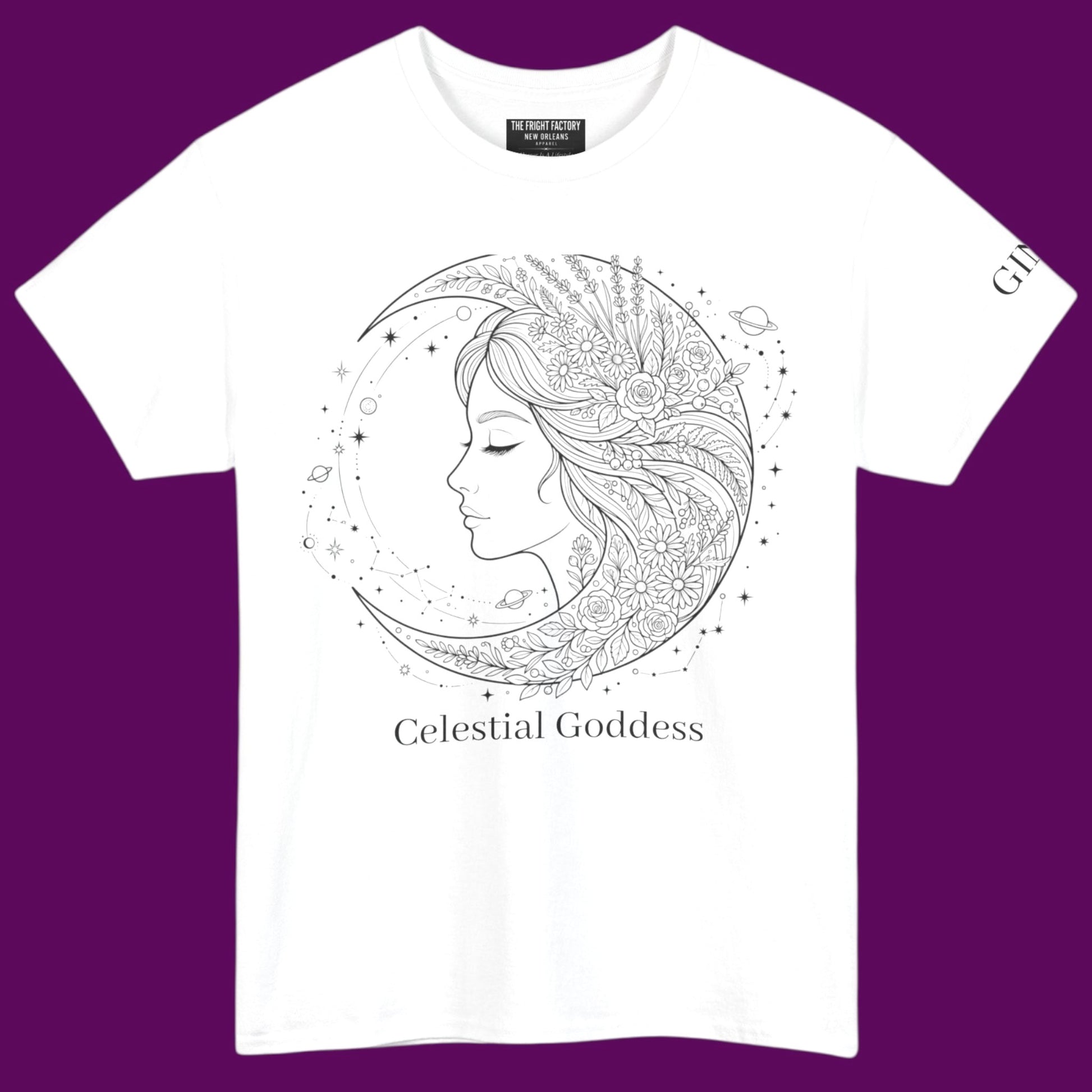 Personalized Celestial Goddess crescent moon graphic line art printed on a off white t-shirt from The Fright Factory New Orleans gift shop.