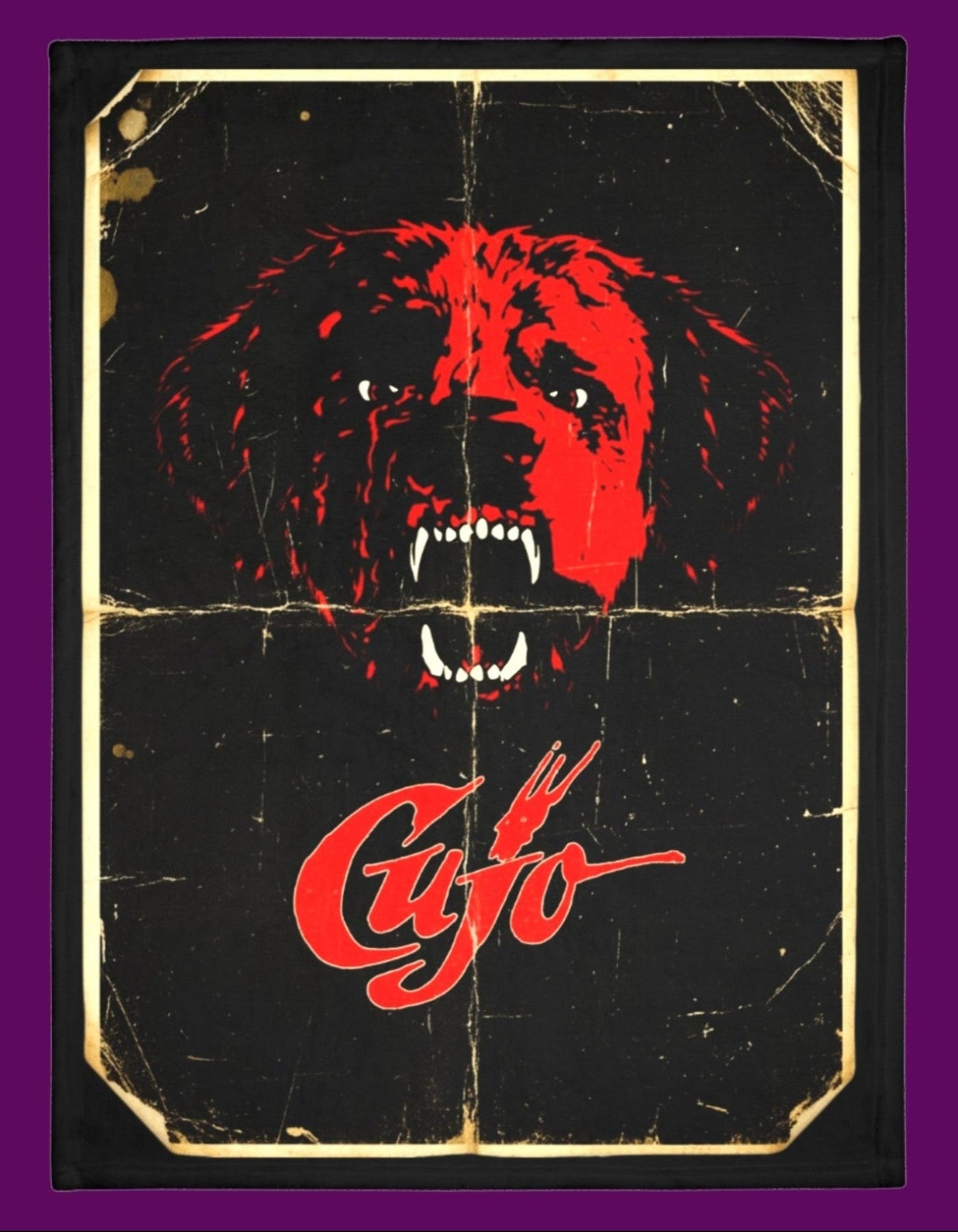 Front side of a personalized Cujo poster horror-themed blanket. For sale in in The Frght Factory, New Orleans.