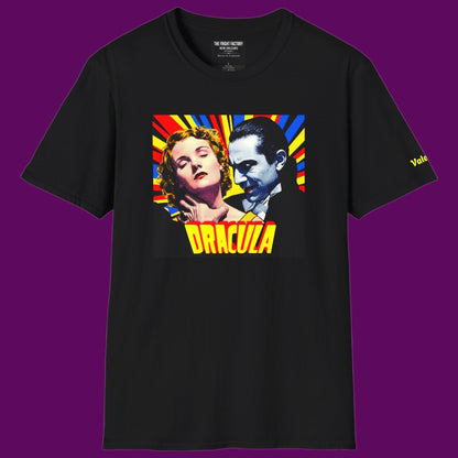 Black t-shirt featuring a retro pop-art graphic of Dracula and a victim in a vintage comic book style. For Sale in The Fright Factory, New Orleans.