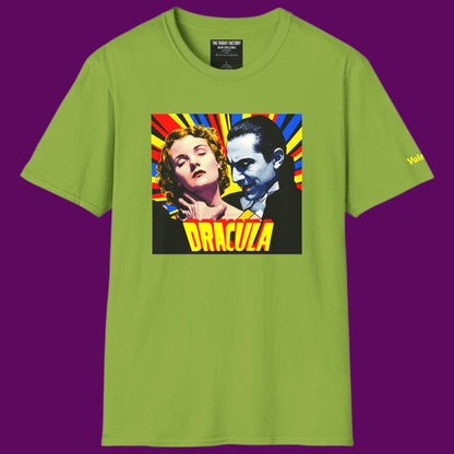 Lime green t-shirt featuring a retro pop-art graphic of Dracula and a victim in a vintage comic book style. For Sale in The Fright Factory, New Orleans.