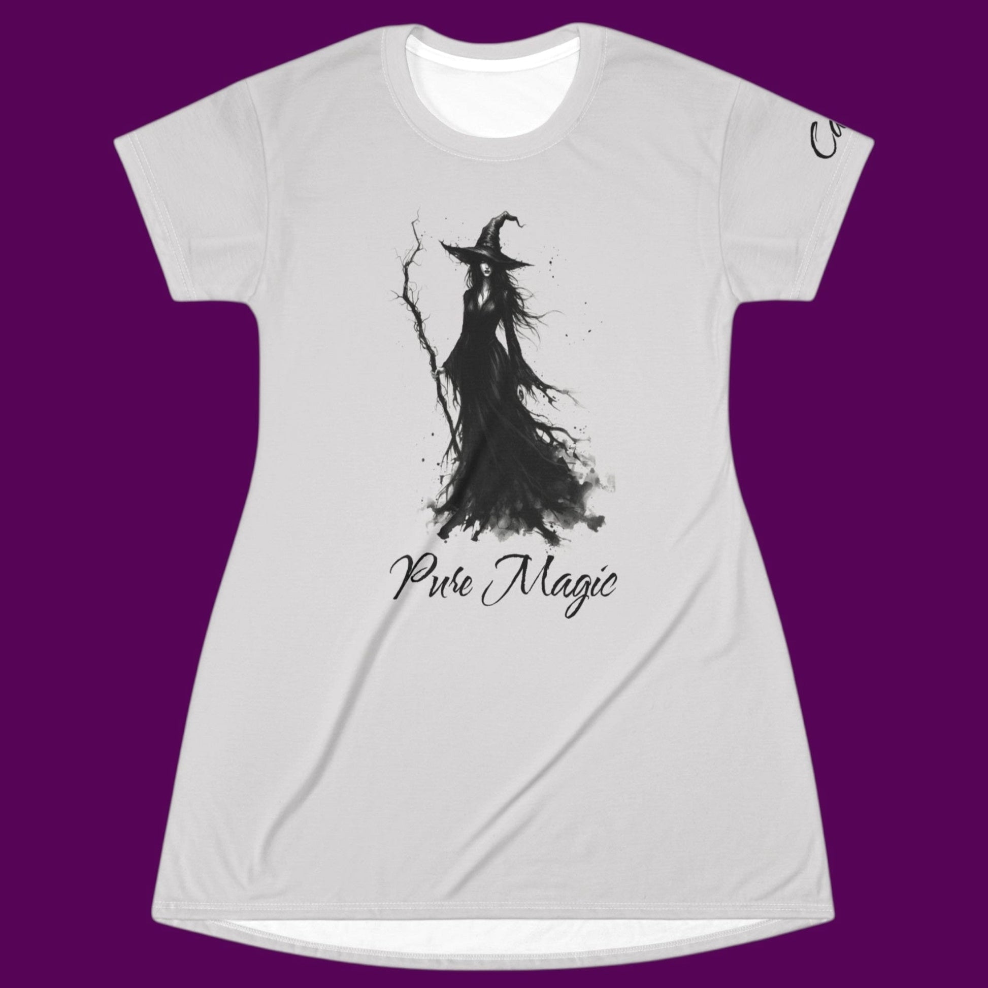 Custom Pure Magic witch graphic nightshirt styled as a gothic aesthetic black t-shirt dress featuring a black watercolor witch illustration. Designed in The Fright Factory New Orleans witch gift shop.