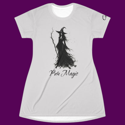 Custom Pure Magic witch graphic nightshirt styled as a gothic aesthetic black t-shirt dress featuring a black watercolor witch illustration. Designed in The Fright Factory New Orleans witch gift shop.