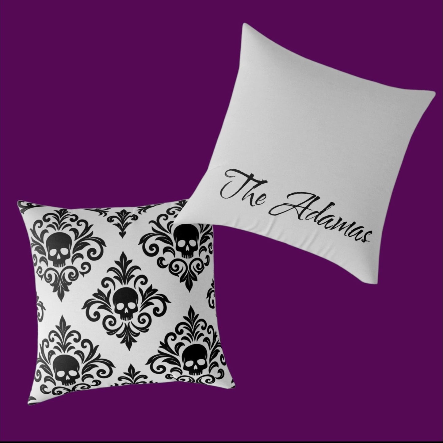 Gray and black personalized gothic skull damask square throw pillow designed in The Fright Factory New Orleans gift shop.