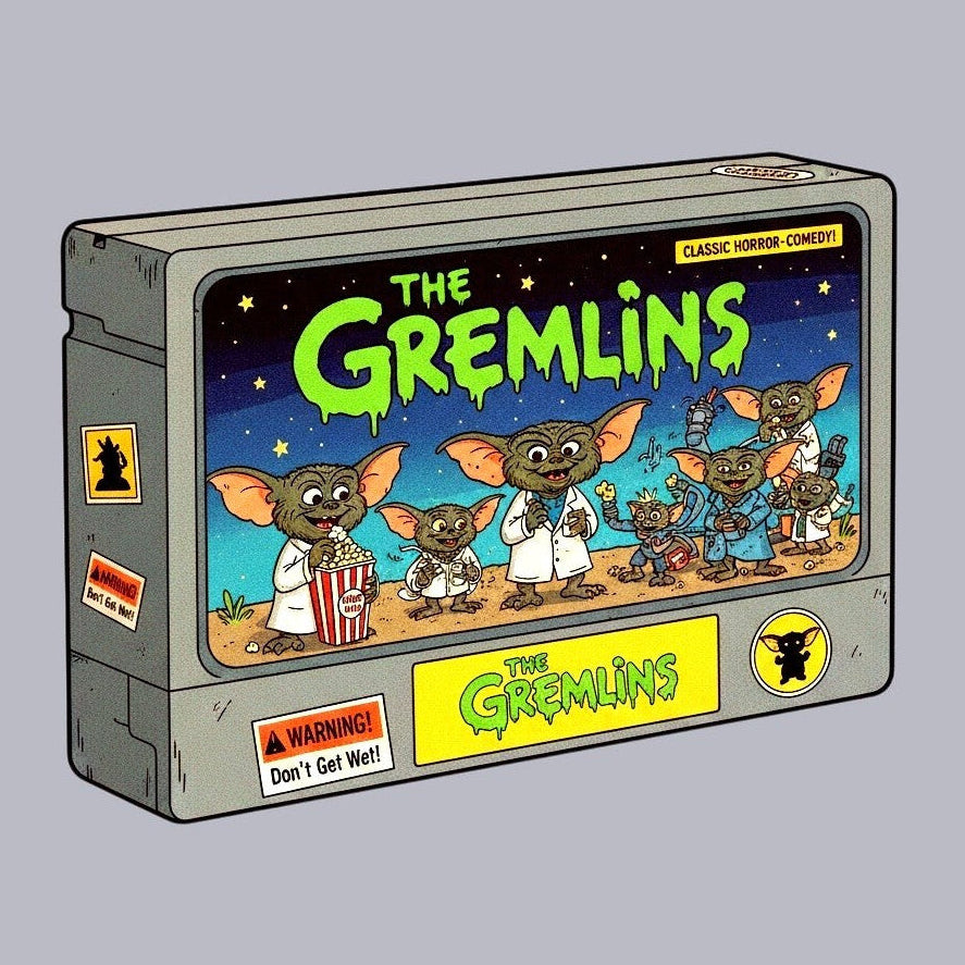 Custom Gremlin VHS tape graphic designed by Rocket Hulsey in The Fright Factory New Orleans gift shop.