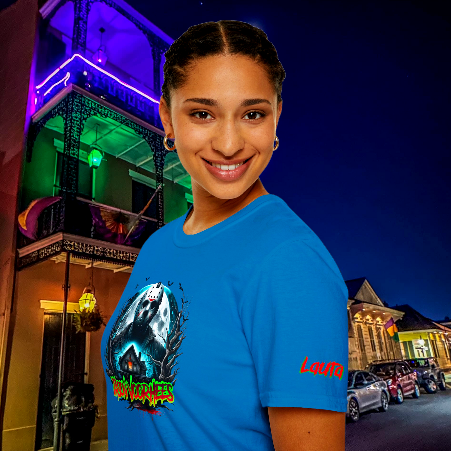A customer wearing The Fright Factory New Orleans Jason Voorhees graphic shirt, showcasing the modern classic fit and breathable cotton fabric.