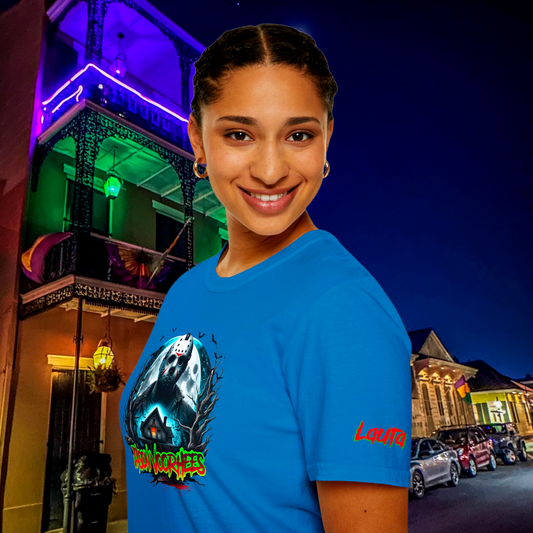 A customer wearing The Fright Factory New Orleans Jason Voorhees graphic shirt, showcasing the modern classic fit and breathable cotton fabric.