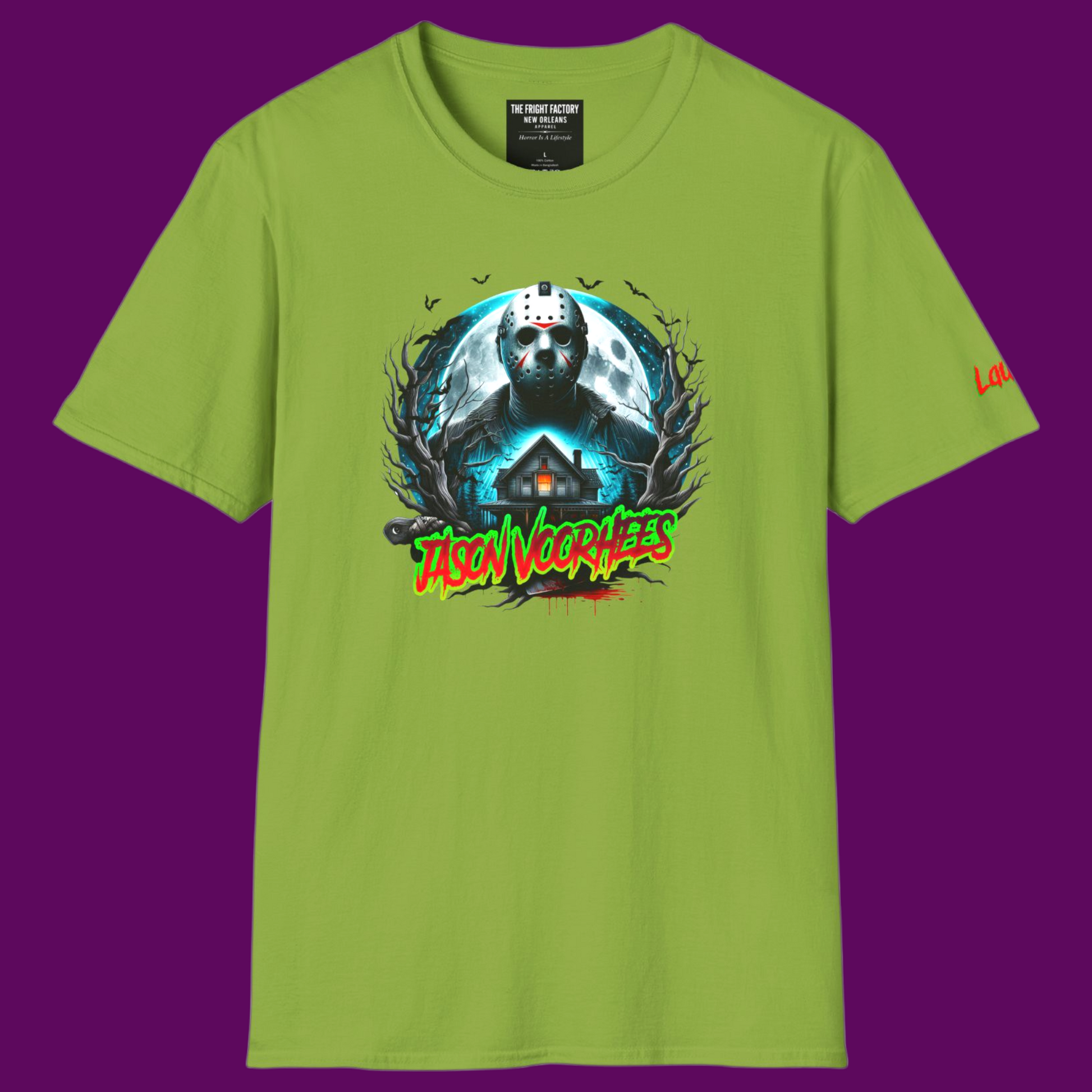 Close-up of the custom Jason Voorhees artwork on a soft style 100 percent cotton tee, showing the vibrant print quality from The Fright Factory New Orleans.