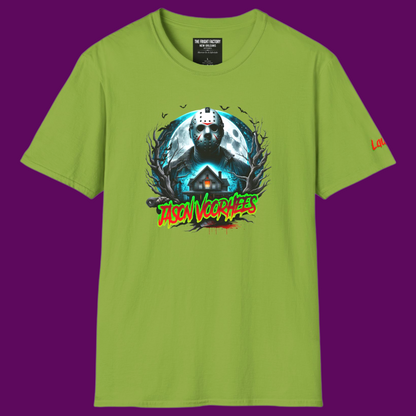 Close-up of the custom Jason Voorhees artwork on a soft style 100 percent cotton tee, showing the vibrant print quality from The Fright Factory New Orleans.