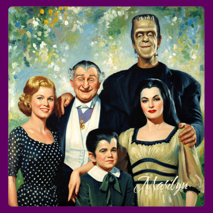 A square ceramic drink coaster featuring a vintage-style portrait of The Munsters family, including Herman, Lily, Grandpa, Eddie, and Marilyn, against a retro green background. Personalize in The Fright Factory, NOLA.