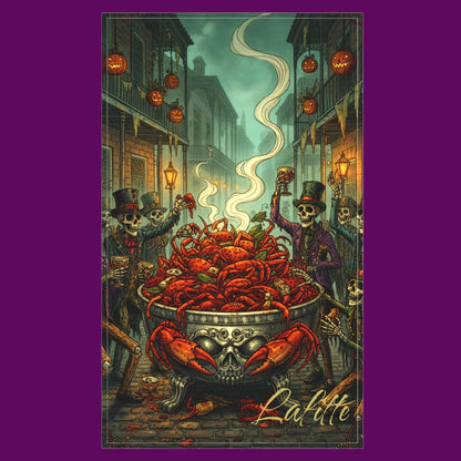 Personalized New Orleans crawfish boil tea towel featuring an intricate illustration of skeletons in top hats feasting from a giant skull-shaped boiling pot on a French Quarter street lined with glowing pumpkin lanterns. Custom gothic kitchen decor by The Fright Factory, NOLA.