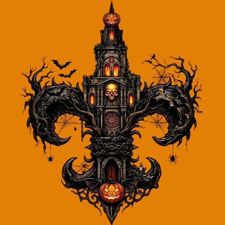 Custom Gothic Fleur-de-Lis design featured on gifts and apparel from The Fright Factory, NOLA Halloween gift shop.
