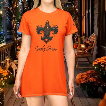 Model wearing oversized black gothic t-shirt dress styled as a sleep shirt, featuring a detailed alternative graphic with customized text, displayed against a clean background for The Fright Factory, NOLA halloween gift shop.