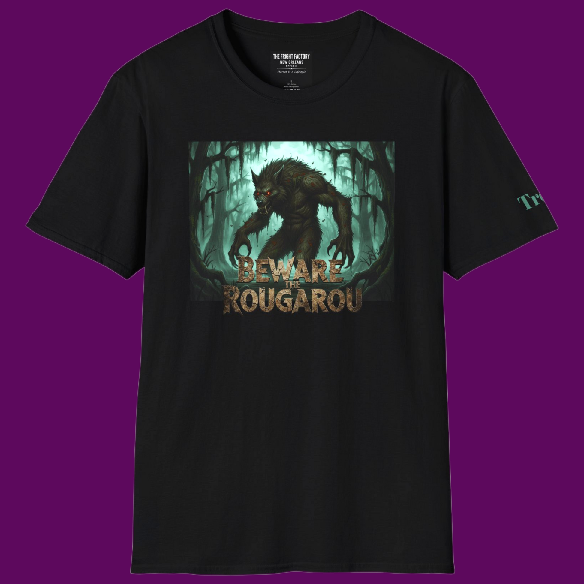 Personalized Rougarou swamp werewolf black t-shirt with distressed "Beware" text and custom name field, designed by The Fright Factory New Orleans.